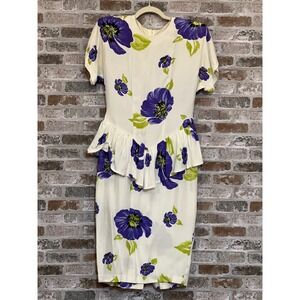 Hearts Floral Dress Ruffle Peplum Vintage 90s Purple White Midi Size‎ 10